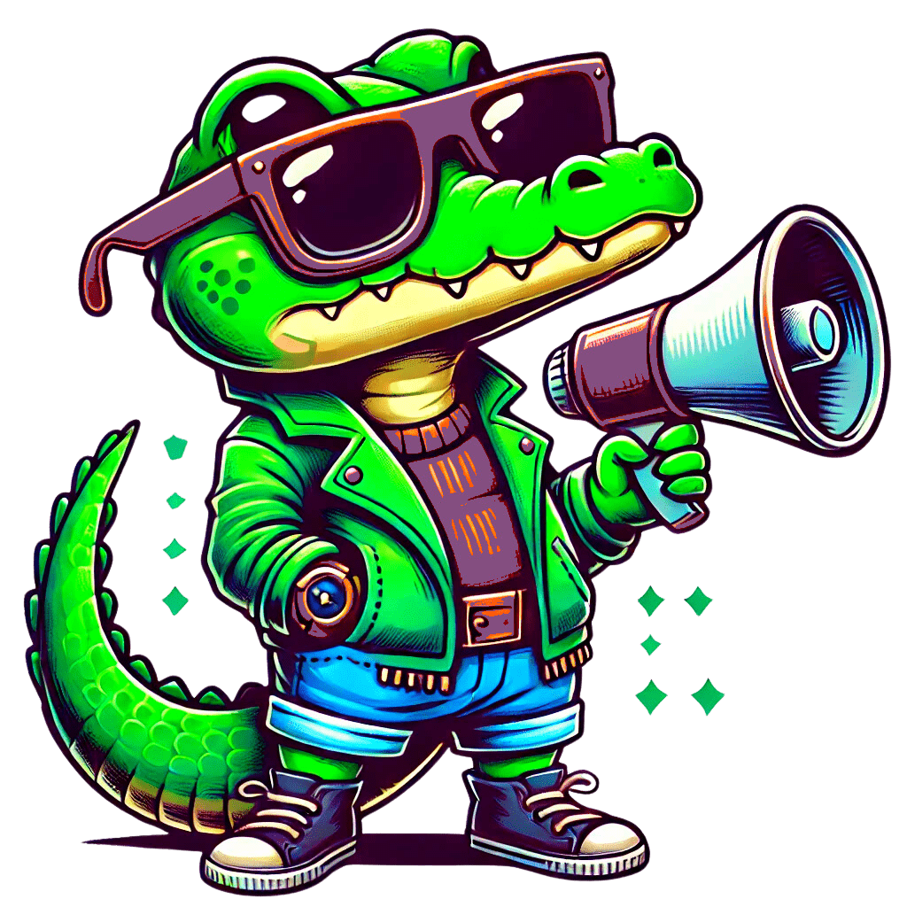 Pops Up Marketing en crocodile stylisé façon dessin animé, portant des lunettes de soleil, une veste verte et un short bleu, tenant un mégaphone. L'agence Pop's Up Marketing a inscrit ce visuel dans ses services créatifs pour illustrer des situations dynamiques de communication et marketing.