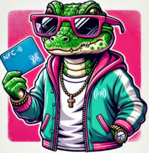 Pop's Up Marketing en lézard anthropomorphique stylé, vêtu de lunettes de soleil, d'une veste verte et rose et arborant un collier avec une croix en ou tient une carte NFC avec un code QR. Le fond rose accentue l'esthétique vibrante et cool, représentant les images des services et des situations de l'agence Pop's Up Marketing.