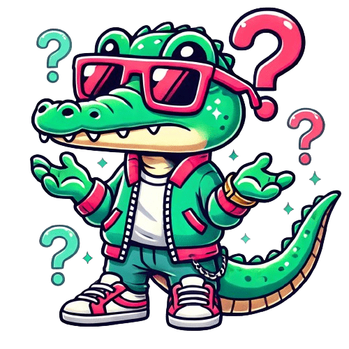 Pops Up Marketing en dessin animé de crocodile, arborant des lunettes de soleil, une veste et des paniers, se tient entouré de points d'interrogation, semblant perplexe - visiblement confus par rapport aux tarifs marketing. Ces images illustrent les services et la situation abordés par l'agence Questions Fréquentes - Pop's Up Marketing.